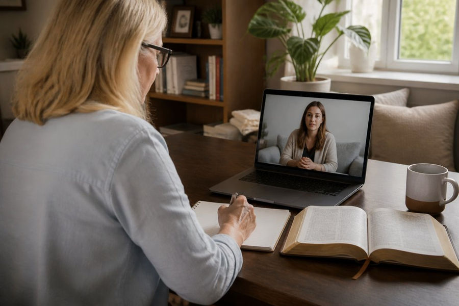 Counselor with a Bible and notebook leading a virtual faith based therapy session via laptop in a sunlit office.