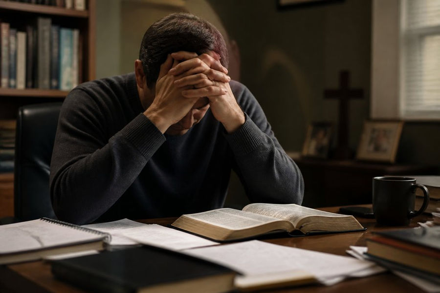 Exhausted pastor sitting at a desk with an open Bible, illustrating the heavy emotional toll of ministry burnout.