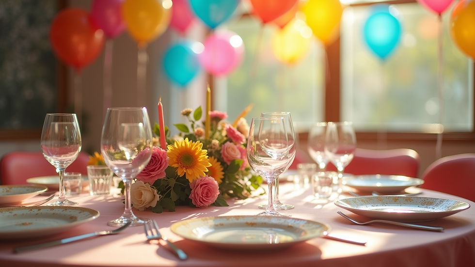 Eye-level view of a beautifully decorated party table with colorful balloons and elegant tableware