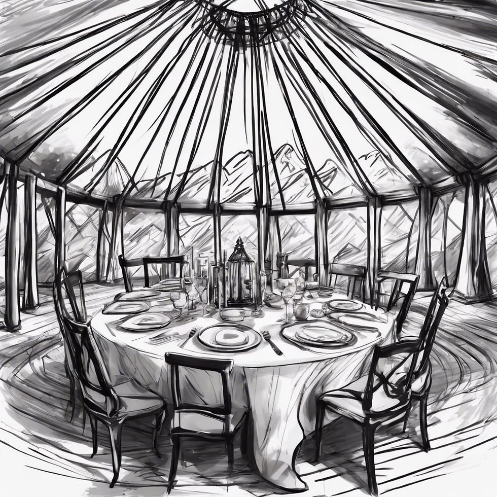 black and white mystical mountain yurt set for fancy dinner party .jpg