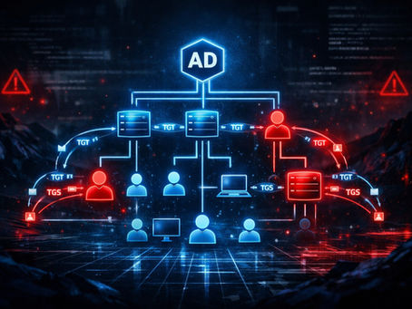 Kerberoasting Active Directory attack diagram showing service ticket request flow between domain controller and attacker