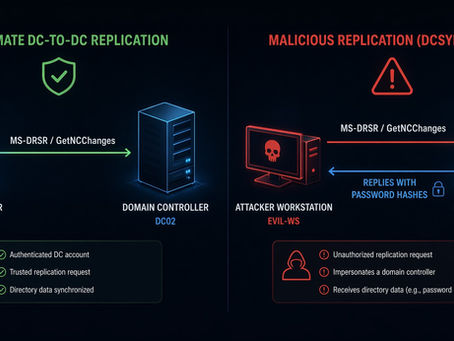 Diagram showing a DCSync attack where an attacker impersonates a domain controller to pull password hashes via AD replication