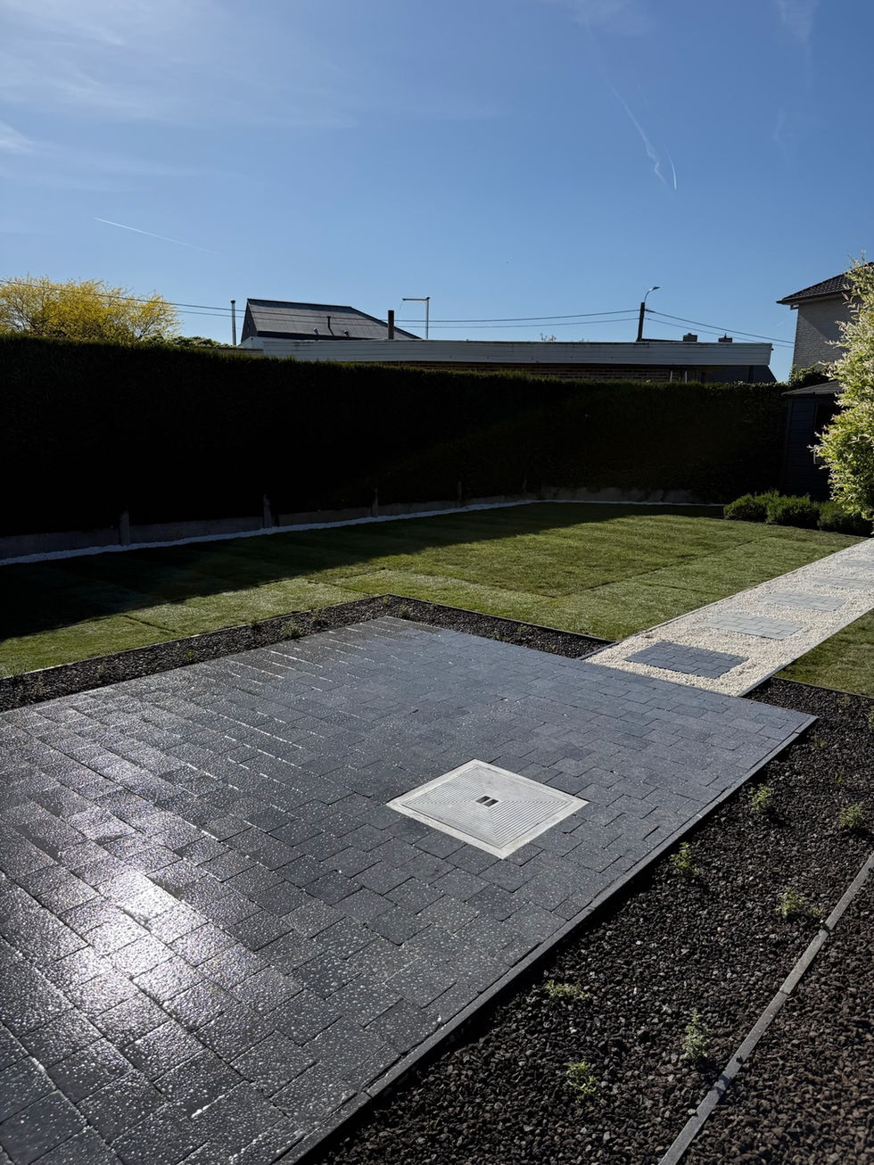 Terras in blauwsteen met stapstenen en gazon in Baasrode