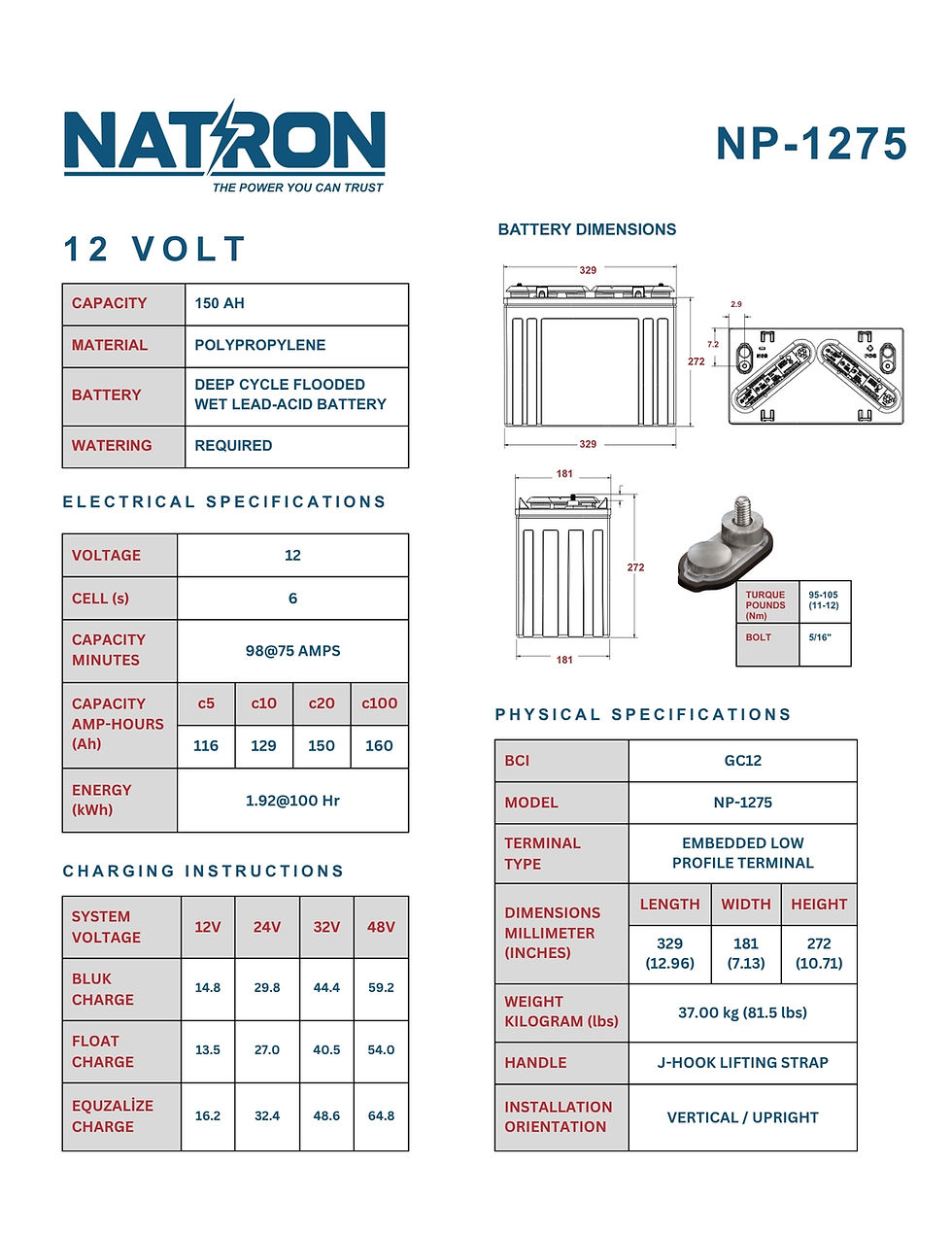 12V 150Ah NP-1275 Natron Akü