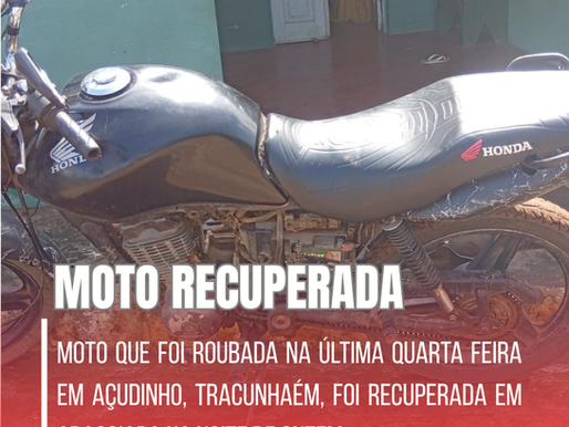 Moto que foi roubada em Açudinho, Tracunhaém, foi recuperada na noite desta quinta-feira em Araçoiaba.