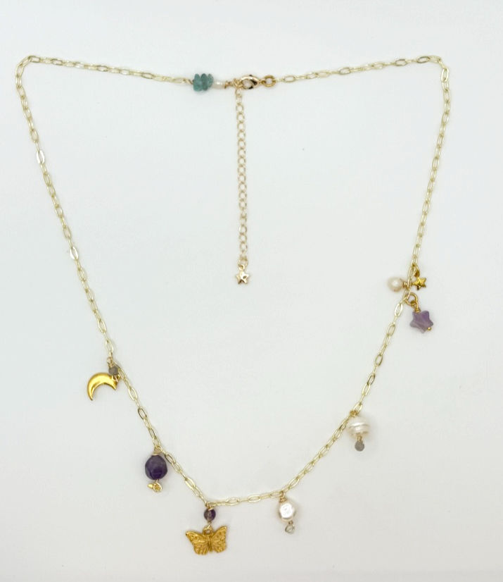 Thumbnail: Amethyst Dream Necklace – Amethyst Stars, Pearl & Fluorite Charm Necklace