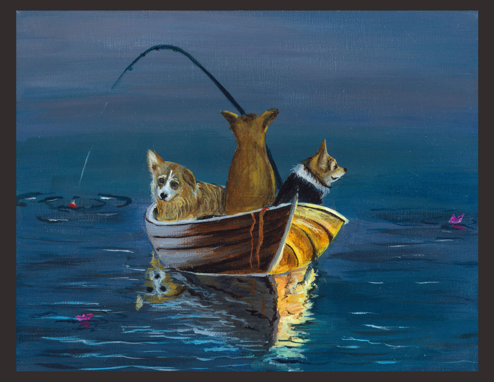 Whimsical acrylic painting of a dog fishing from a boat by artist Karina North