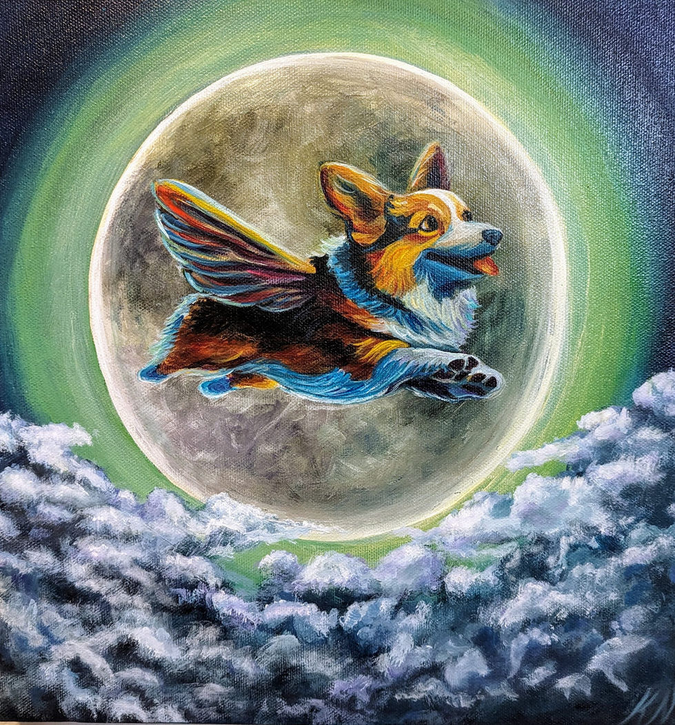 Acrylic painting of a winged corgi flying in front of a full moon above the clouds