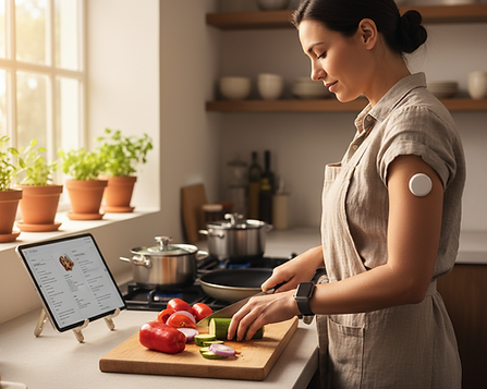 Measured_Woman cooking with glucose monitor on 909973.png