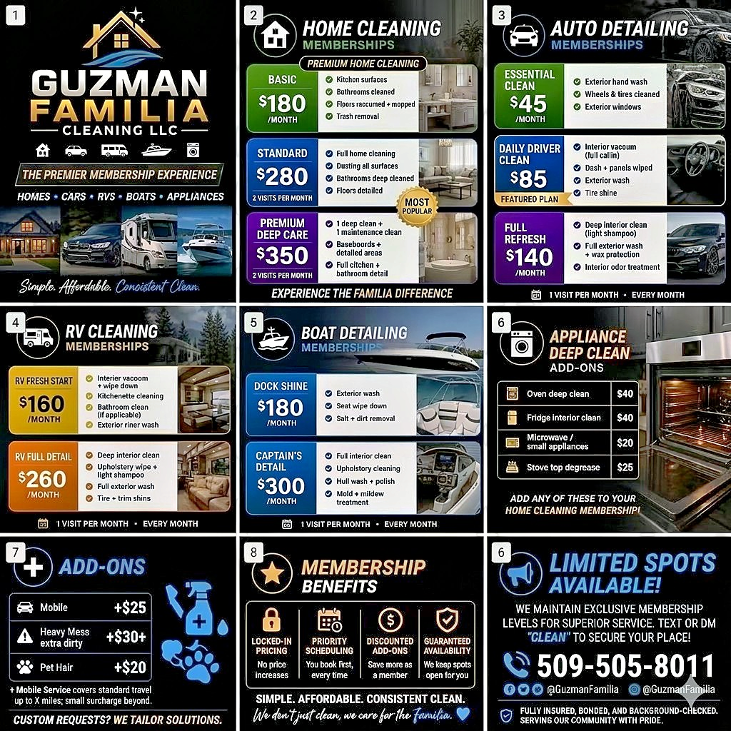 Guzman Familia Cleaning LLC service menu for homes, vehicles