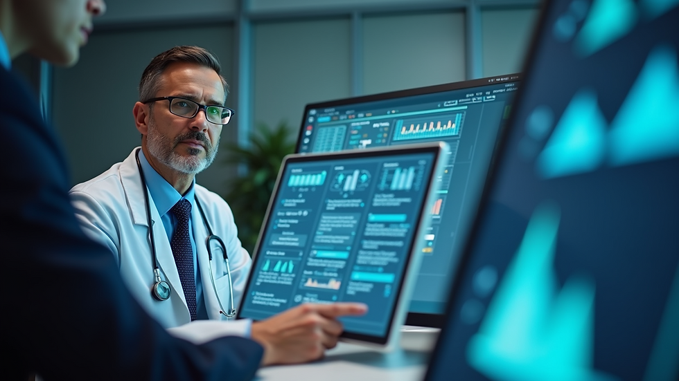 Eye-level view of a healthcare IT consultant discussing digital transformation strategies