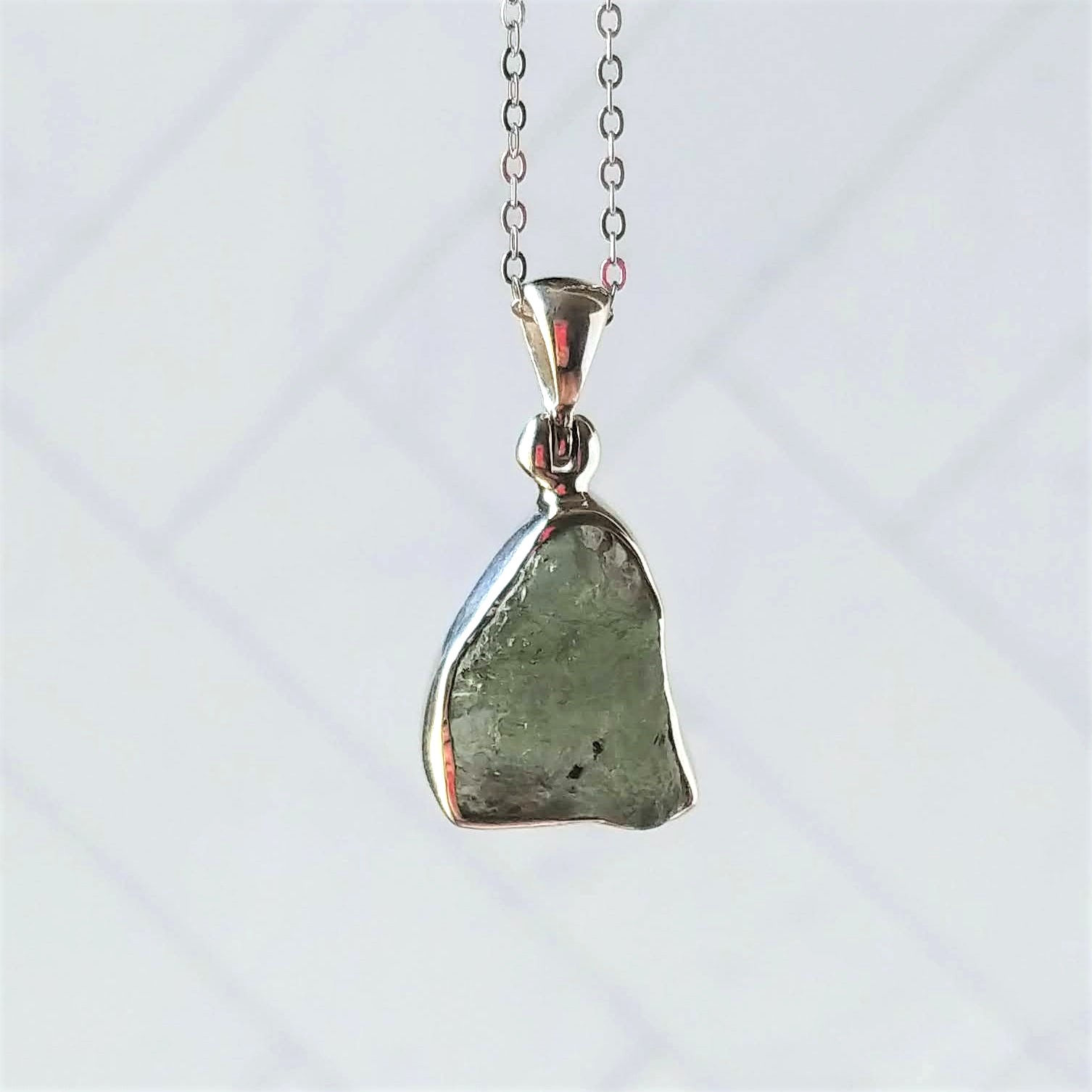 Moldavite Pendant Rhodium Necklace