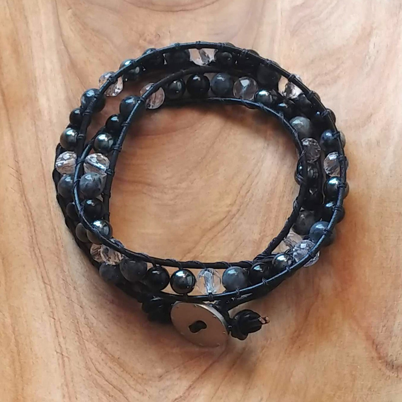 Obsidian & Hematite Leather Wrap Bracelet