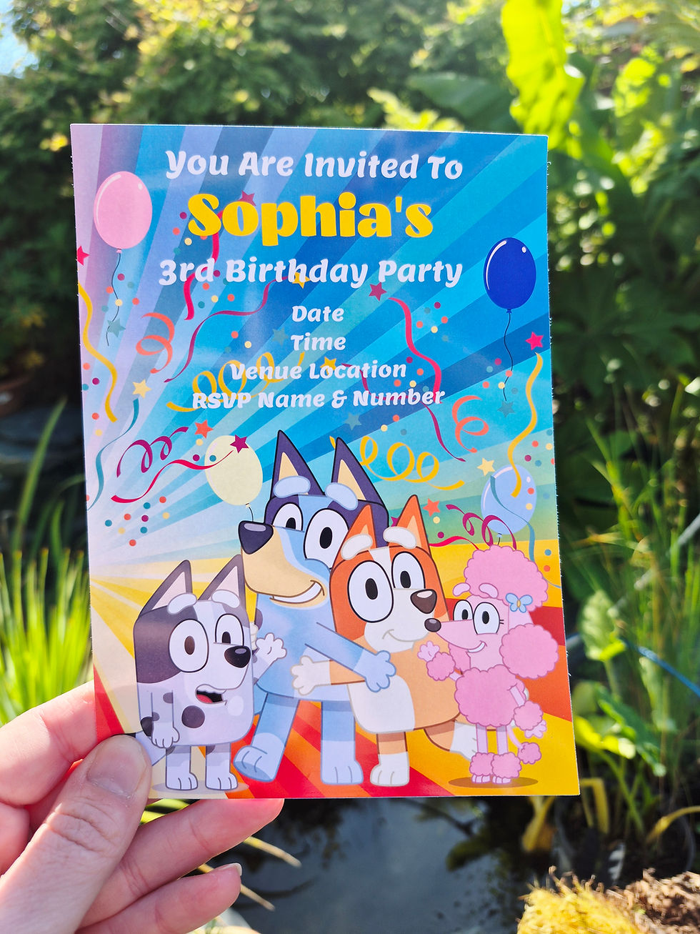 personalised Bluey themed birthday party invitations, full colour gloss invites