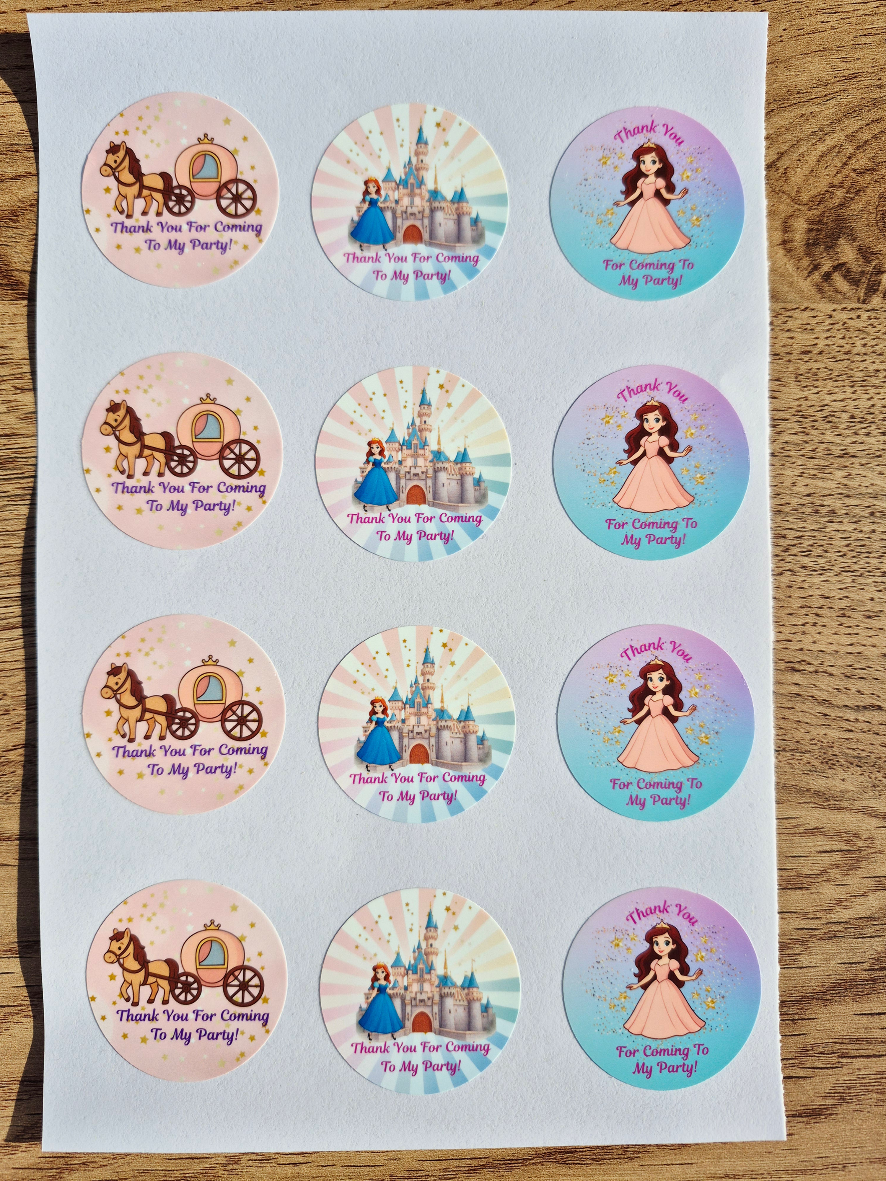 Princess theme thank you party stickers, gloss