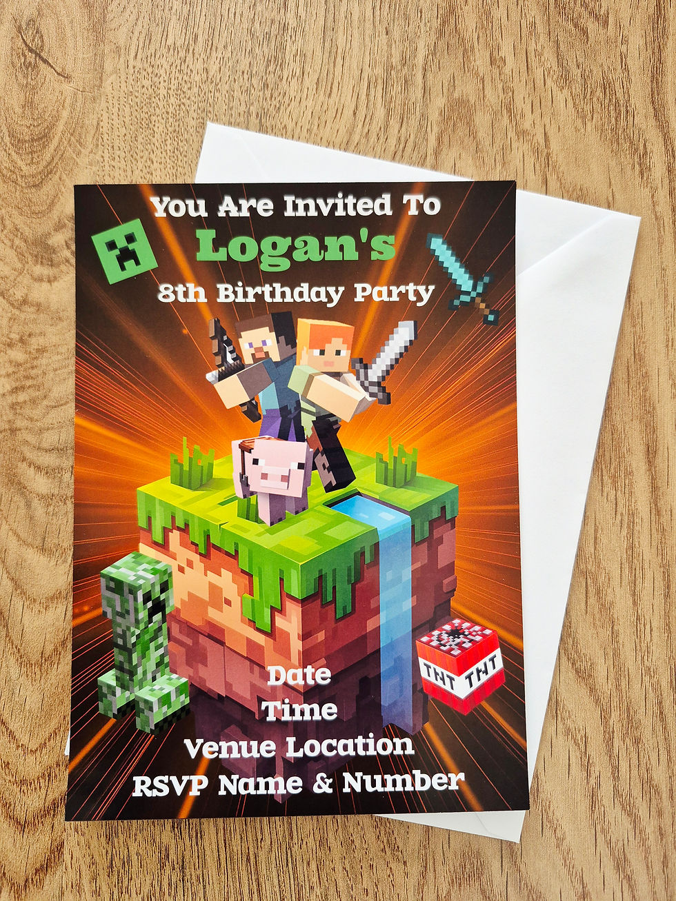 Personalised Minecraft Party Invitations with envelopes