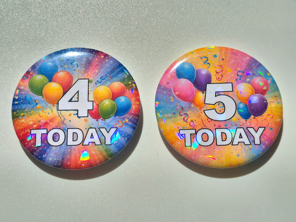 Thumbnail: birthday-badge-custom-age-vibrant-rainbow-confetti-balloons-holographic-design-varients.jpg