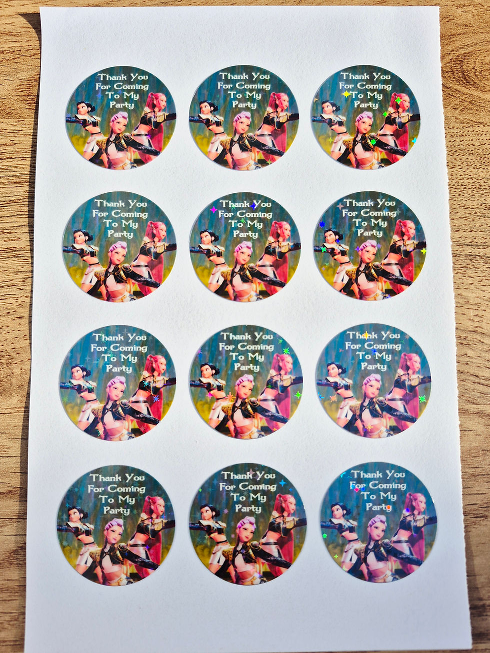 Demon Hunter themed thank you party stickers, holographic
