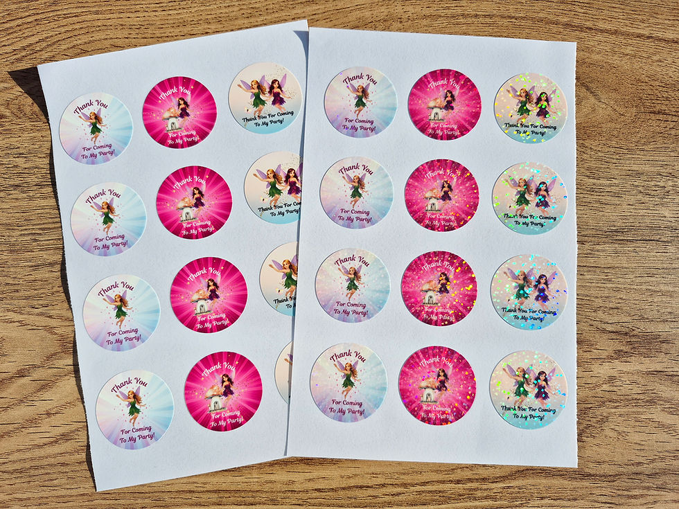 Fairy thank you party bag stickers, holographic and gloss