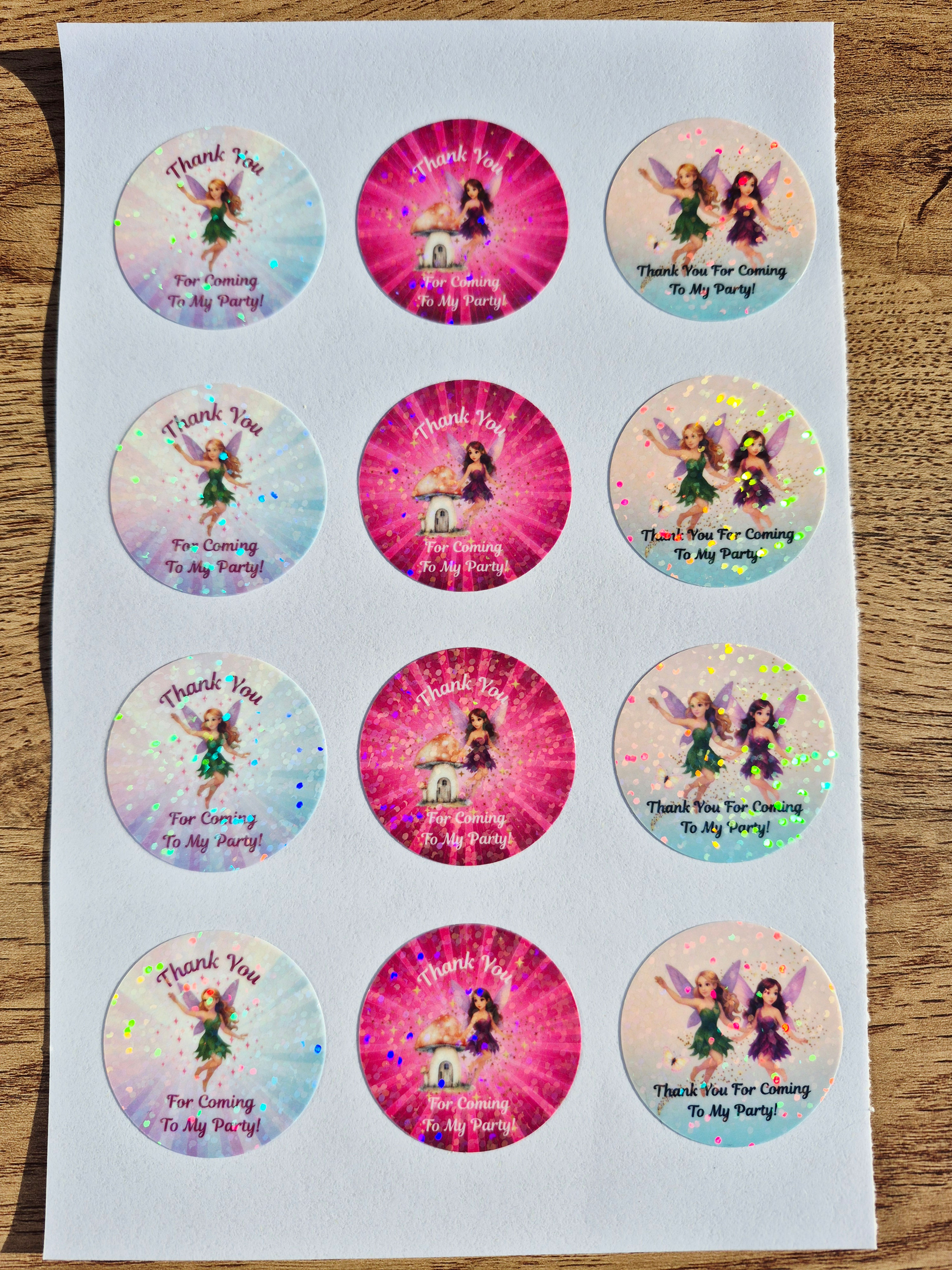Fairy thank you party bag stickers, holographic