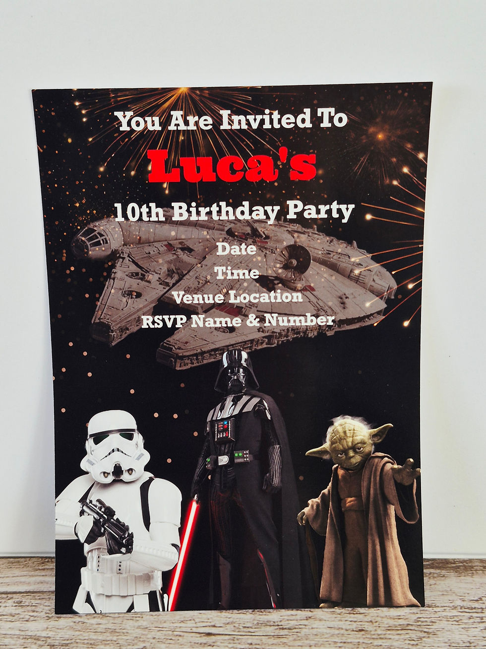 personalised star wars theme party invitation, close up
