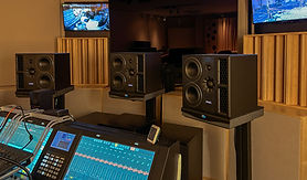 Main monitors and mixing console in the Saturday Night Live control room