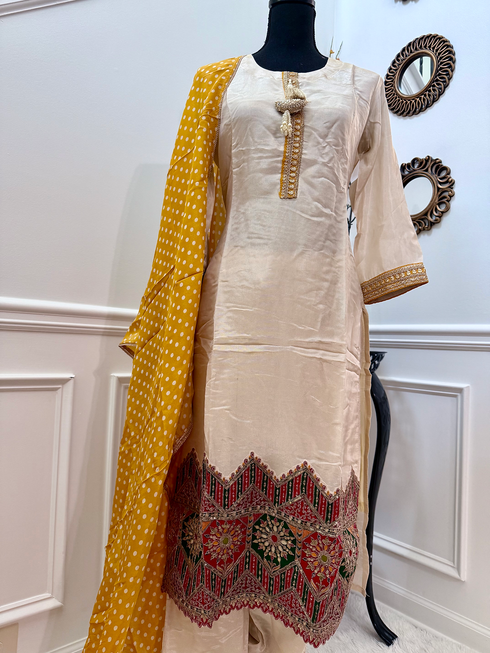 Thumbnail: Vaani mustard and white suit