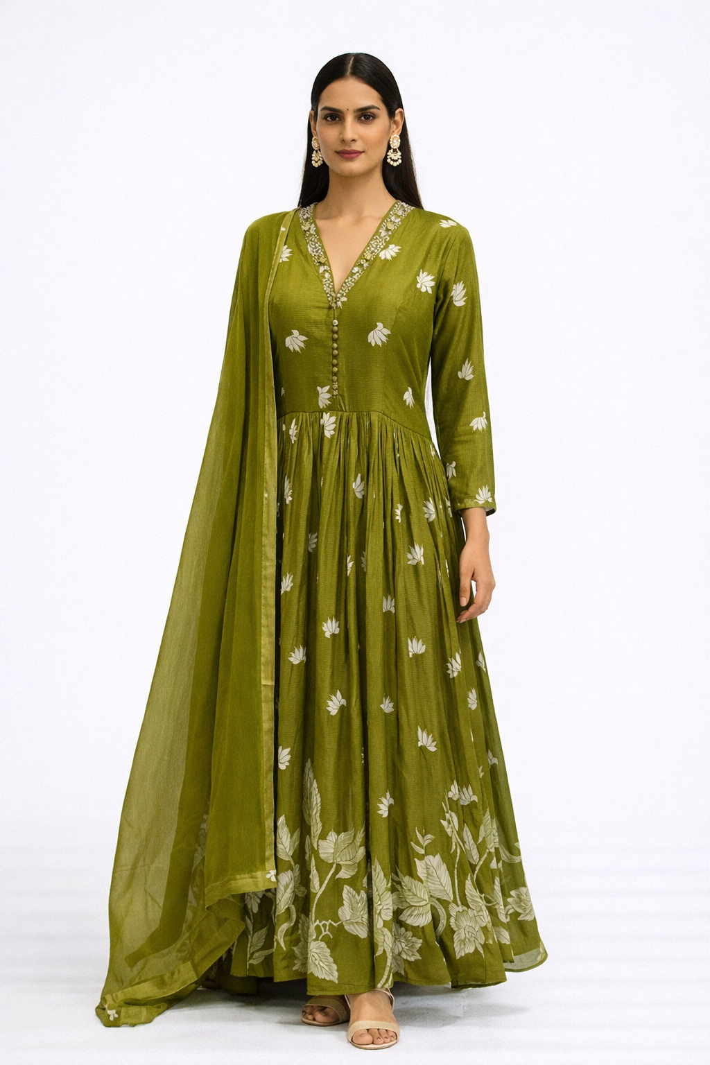 Meera elegant green gown dress with dupatta 