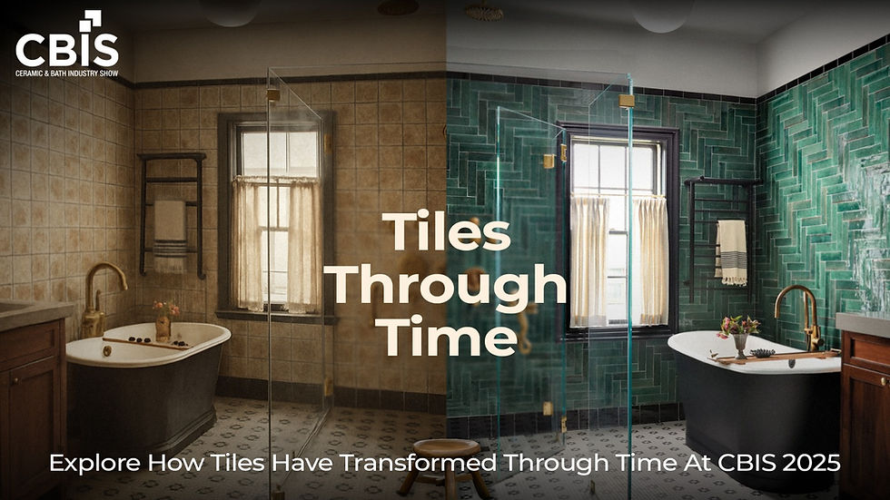 Split-view of a bathroom showing tile transformation over time — left side with dated beige tiles, right side with modern green herringbone tiles, promoting 'Tiles Through Time' at CBIS 2025.