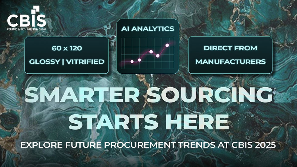 Promotional graphic for CBIS 2025 (Ceramic & Bath Industry Show) with the headline “Smarter Sourcing Starts Here.” The background features a high-gloss emerald green ceramic tile texture. Central graphic includes a glowing “AI Analytics” chart, flanked by two tags: “600 x 600 mm | Glossy | Vitrified” on the left and “Direct from Manufacturers” on the right. Footer text reads: “Explore Future Procurement Trends at CBIS 2025.”