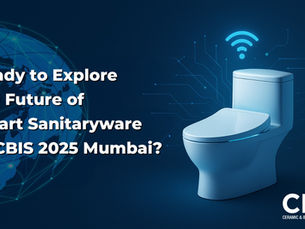 Promotional banner for CBIS 2025 Mumbai, featuring a smart toilet with a Wi-Fi symbol, futuristic digital connections, and a global map background. The text reads: 'Ready to Explore the Future of Smart Sanitaryware at CBIS 2025 Mumbai?' The CBIS logo and tagline 'Ceramic & Bath Industry Show' are displayed at the bottom right.