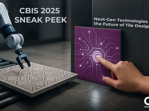 A futuristic promotional image for CBIS 2025 featuring a robotic arm placing a patterned ceramic tile on a conveyor, while a human hand interacts with a glowing, circuit-like purple tile symbolizing smart technology. Text on the image reads "CBIS 2025 Sneak Peek" and "Next-Gen Technologies Shaping the Future of Tile Design," with the CBIS (Ceramic & Bath Industry Show) logo in the corner.
