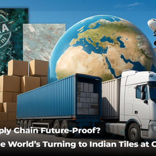 Promotional banner for CBIS 2025 showing a global logistics theme with a truck, shipping containers filled with tiles, cardboard boxes, and an airplane flying over a large globe. Several decorative ceramic tiles with 'Made in India' branding are displayed, emphasizing India's role in global tile supply. Text reads: 'Is Your Supply Chain Future-Proof? See Why the World’s Turning to Indian Tiles at CBIS 2025!