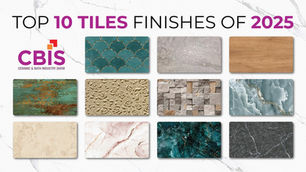 Top 10 Tile Finishes of 2025 showcased by CBIS – featuring a variety of premium tile designs including glossy fish scale, rustic metallic, wood texture, embossed floral, stone mosaic, and high-gloss marble and onyx styles arranged in a 2-row grid layout.