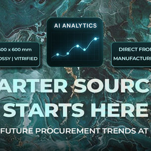 Promotional graphic for CBIS 2025 (Ceramic & Bath Industry Show) with the headline “Smarter Sourcing Starts Here.” The background features a high-gloss emerald green ceramic tile texture. Central graphic includes a glowing “AI Analytics” chart, flanked by two tags: “600 x 600 mm | Glossy | Vitrified” on the left and “Direct from Manufacturers” on the right. Footer text reads: “Explore Future Procurement Trends at CBIS 2025.”