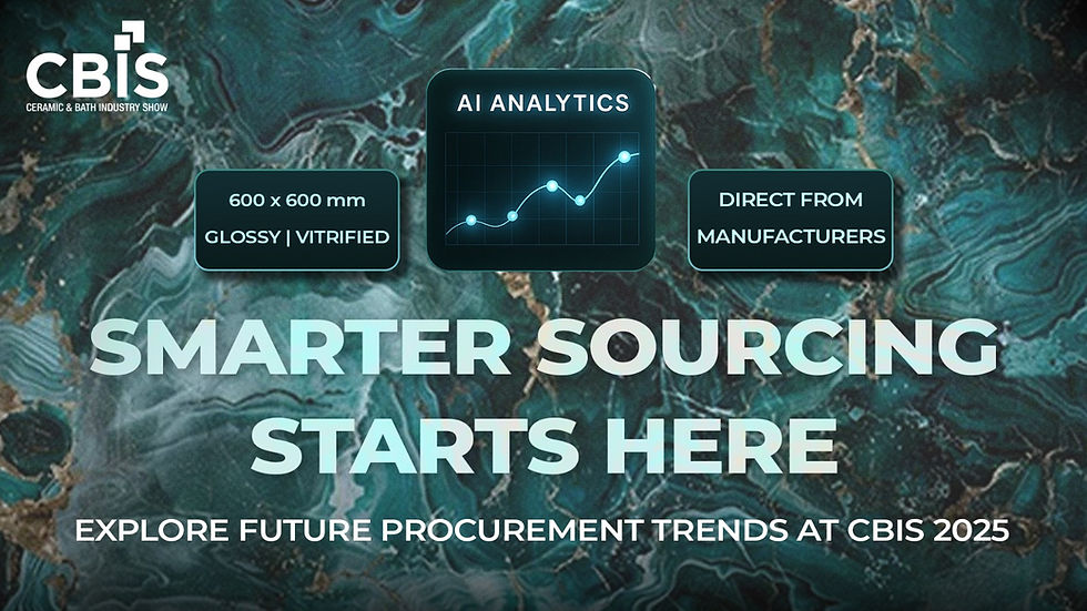 Promotional graphic for CBIS 2025 (Ceramic & Bath Industry Show) with the headline “Smarter Sourcing Starts Here.” The background features a high-gloss emerald green ceramic tile texture. Central graphic includes a glowing “AI Analytics” chart, flanked by two tags: “600 x 600 mm | Glossy | Vitrified” on the left and “Direct from Manufacturers” on the right. Footer text reads: “Explore Future Procurement Trends at CBIS 2025.”
