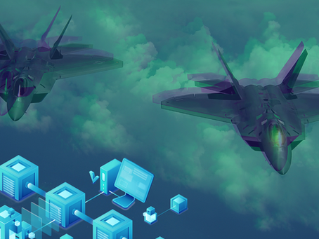 Kampfjets in der Luft mit Blockchain Graphik