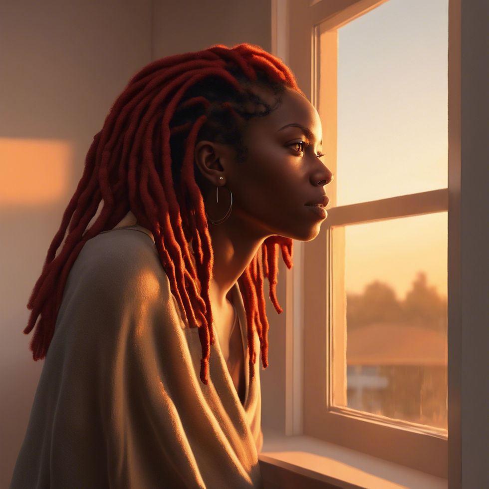 A realistic image of a single black woman with red dreadlocks standing by a window, bathed in soft golden light from the sunrise or sunset. She is gazing outward with a serene, content expression. The room is minimalist, cozy, and calm, with subtle hints_.jpg