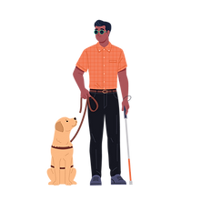 Cartoon of Man with Guide Dog and Cane