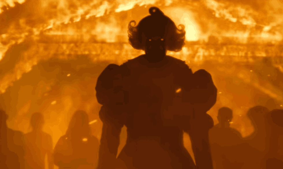 Spooky figure with glowing eyes stands ominously among silhouettes, set against a fiery orange backdrop, creating an eerie mood.