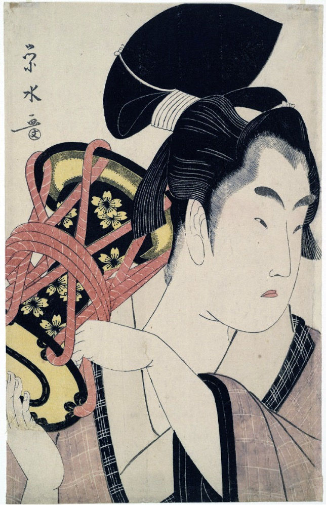 Hosoda Eisui, Wakashu with a Shoulder-Drum, late 18th or early 19th century. A young person with a partially shaved head holds a drum against one shoulder.