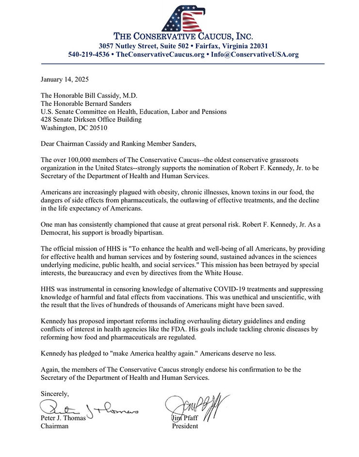 Letter from The Conservative Caucus endorsing Robert F. Kennedy Jr. for Secretary of Health. Signed by Chairman Peter Thomas and President Jim Pfaff.