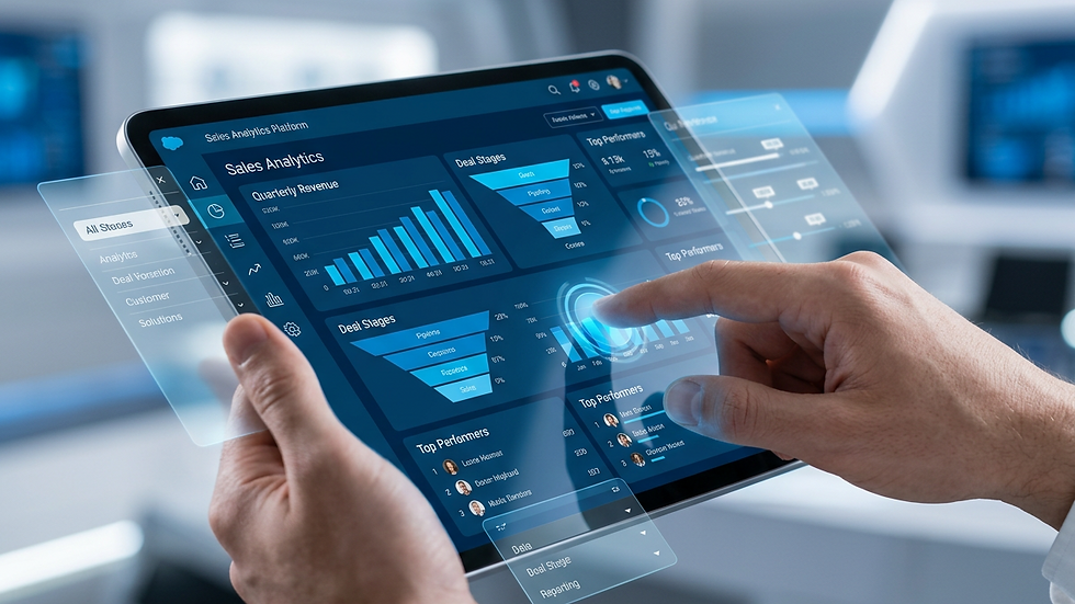 Close-up view of a person using a tablet with sales platform interface