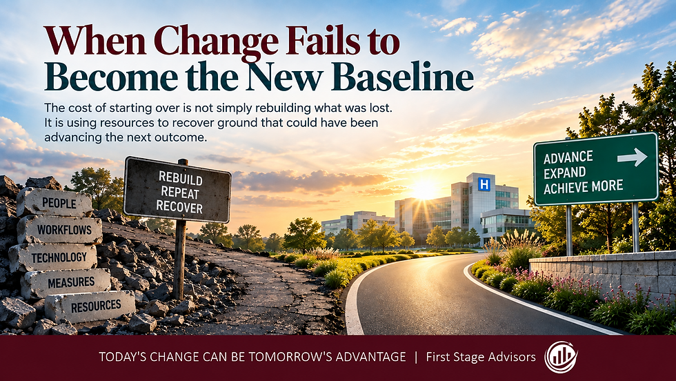 Healthcare road diverging between rebuilding existing organizational capabilities and advancing toward new outcomes.