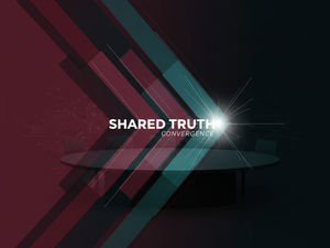 Converging burgundy and teal beams coming together into a bright focal point above an executive roundtable, symbolizing healthcare leaders aligning around a shared truth and unified decision-making.