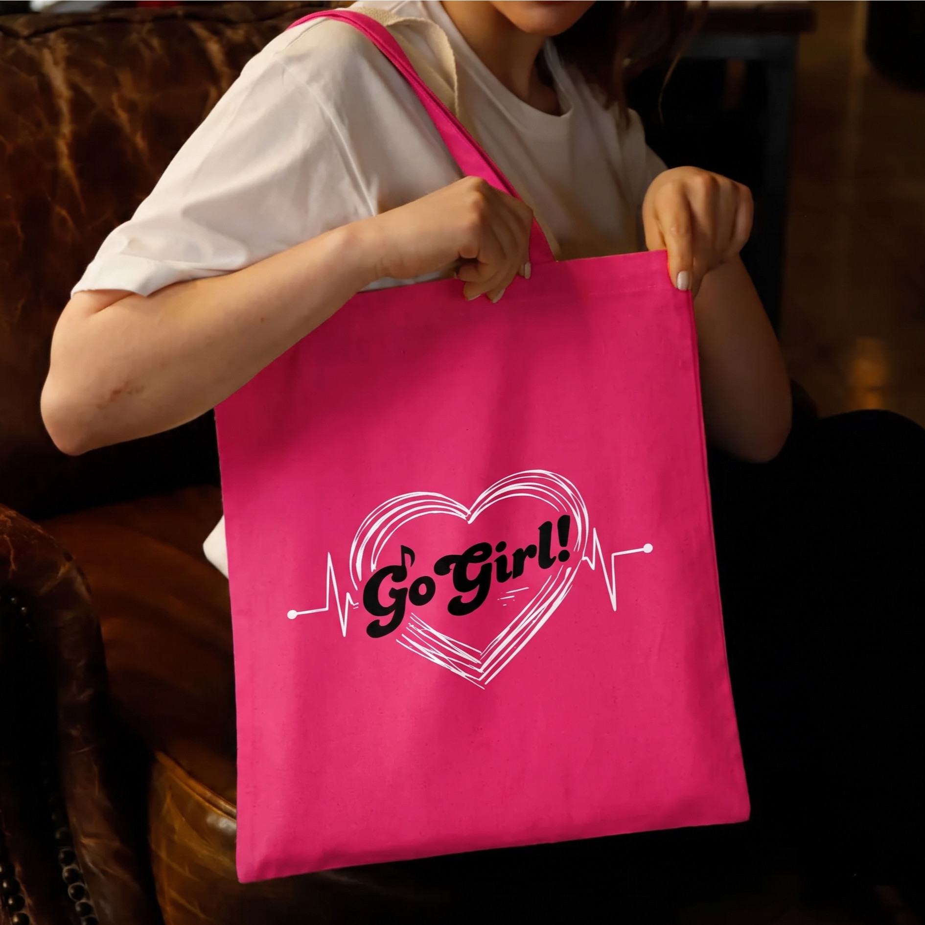 Go Girl with Heart Tote Bag - Vivid Pink