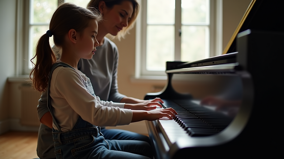 Eye-level view of a music teacher guiding a student on piano