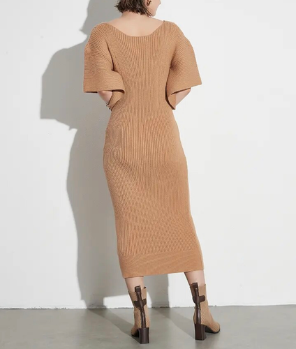 knee length dresses for ladies Queen of Sparkles Tan Multi Butterfly Knit Midi Dress – Leopard Grove main image 1