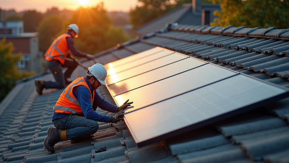 High angle view of a solar panel installation team working on a residential roof