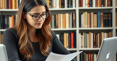 A woman reading papers with a laptop on a desk. Books on shelves in the background.